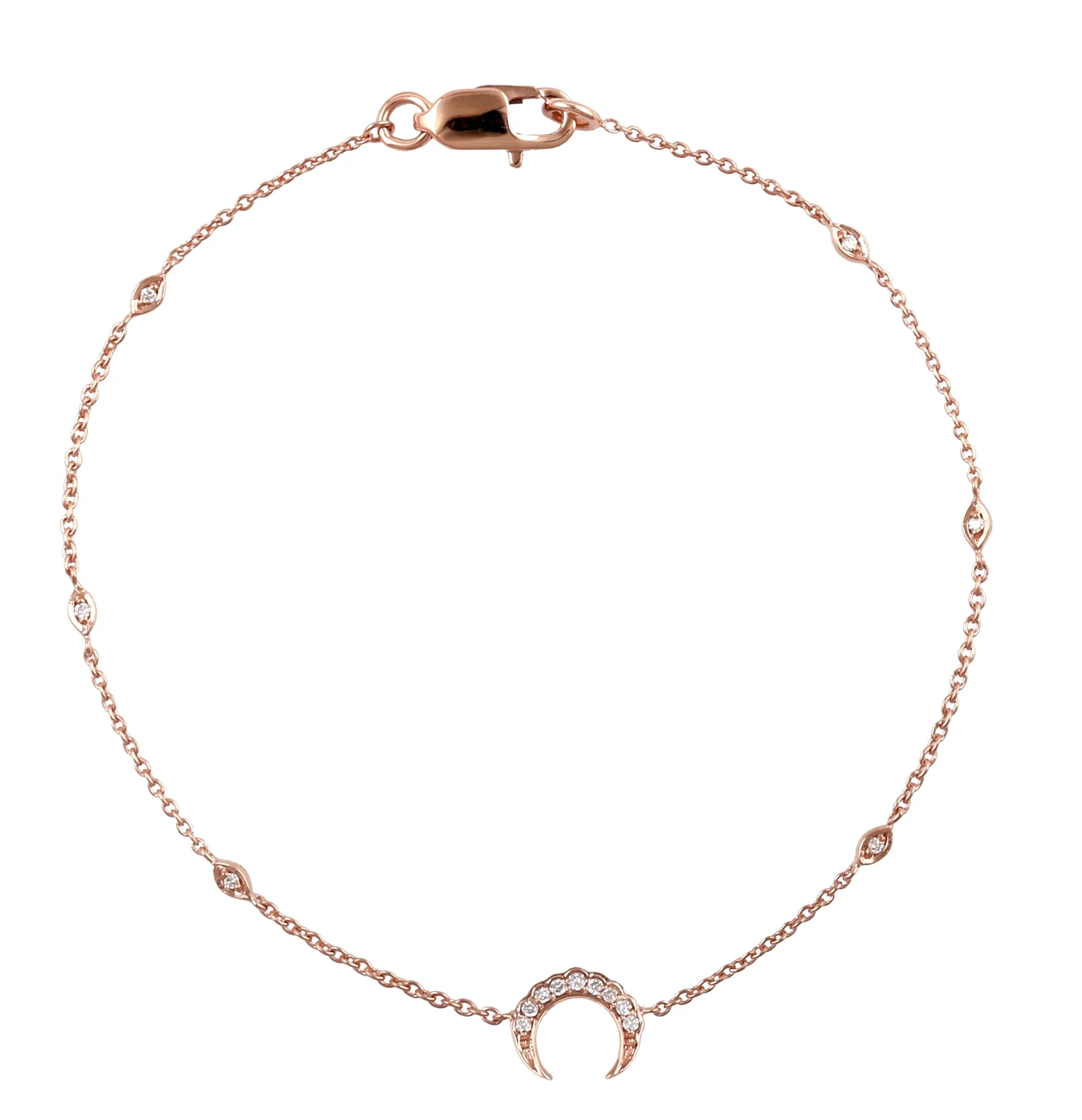 18K Rose Gold Pave Natural Diamond Crescent Moon Fixed And Flexible Bracelet