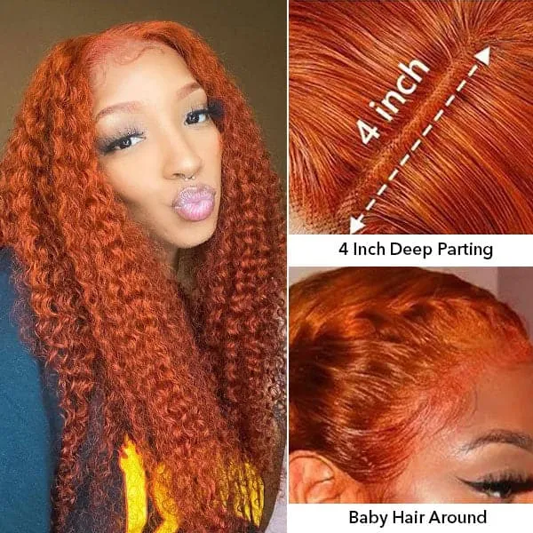 #350 Ginger Color Curly 13x4 Lace Wig Glueless Pre Plucked Human Hair Wig