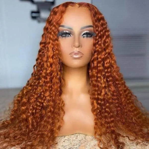 #350 Ginger Color Curly 13x4 Lace Wig Glueless Pre Plucked Human Hair Wig