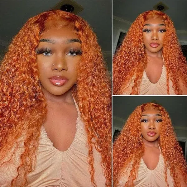 #350 Ginger Color Curly 13x4 Lace Wig Glueless Pre Plucked Human Hair Wig