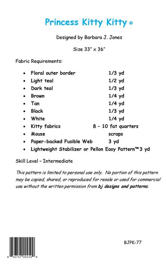 BJ Designs & Patterns Princess Kitty Kitty Applique Quilt Pattern