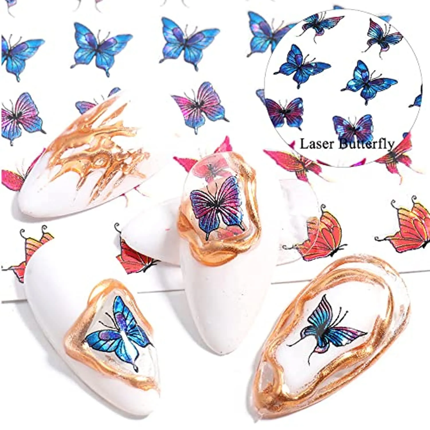 Butterfly Nail Art Stickers, Spring Summer Floral Flower Nail Decals 3D Self-Adhesive Laser Butterfly Nail Designs Butterfly Nail Stickers Nail Accessories for Nail Art Decorations Supplies, 6Sheets