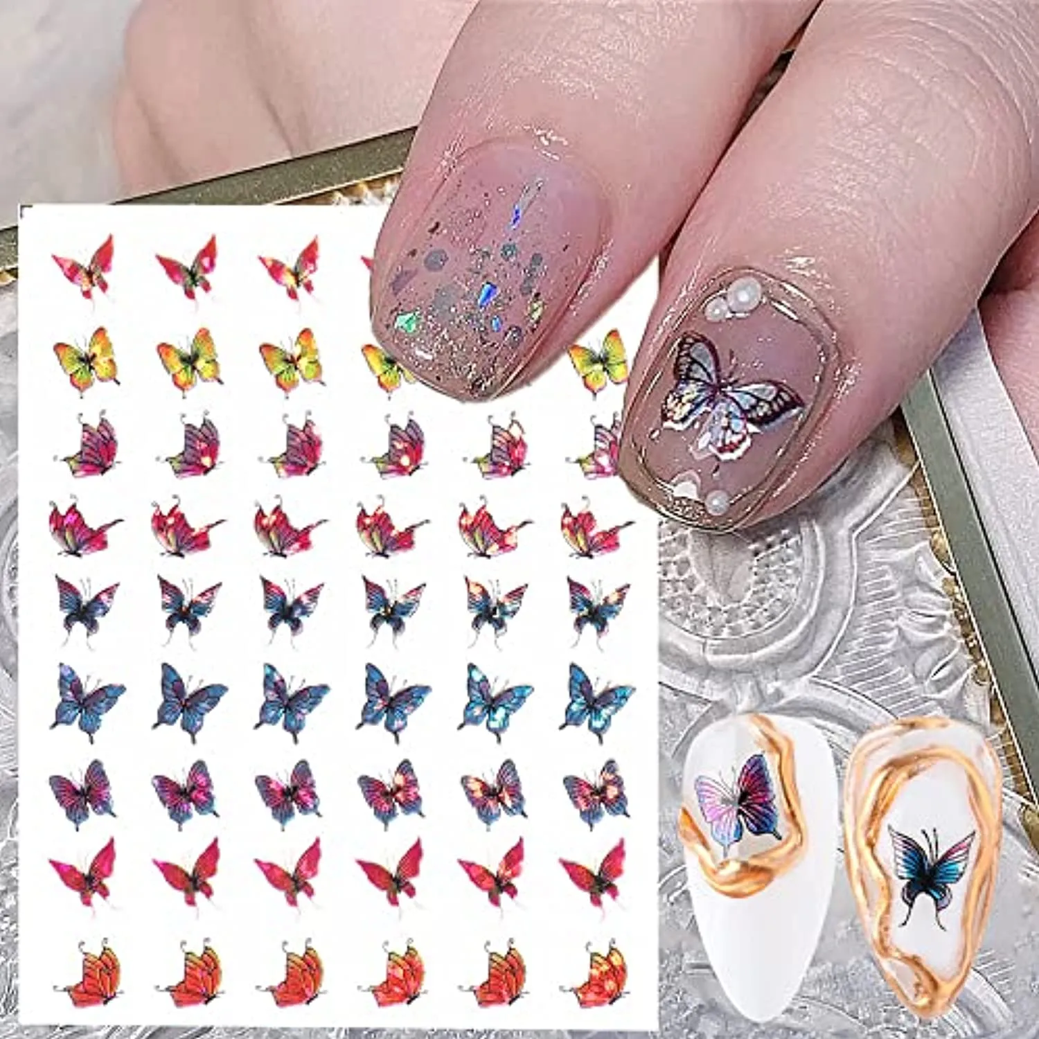 Butterfly Nail Art Stickers, Spring Summer Floral Flower Nail Decals 3D Self-Adhesive Laser Butterfly Nail Designs Butterfly Nail Stickers Nail Accessories for Nail Art Decorations Supplies, 6Sheets