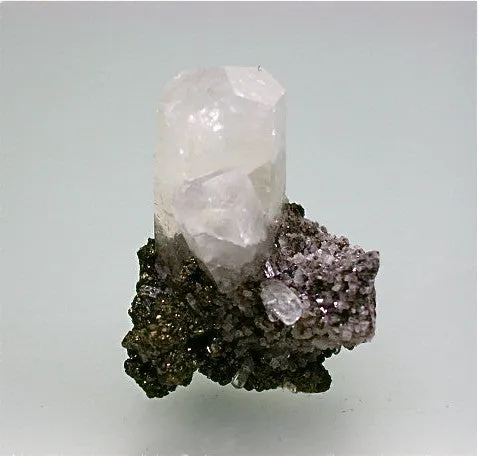 Calcite on Chalcopyrite, Sweetwater Mine, Reynolds County, Missouri, Mined c. 2000, Kalaskie Collection #1304, Miniature 2.8 x 3.5 x 4.0 cm, $35.  Online 11/2