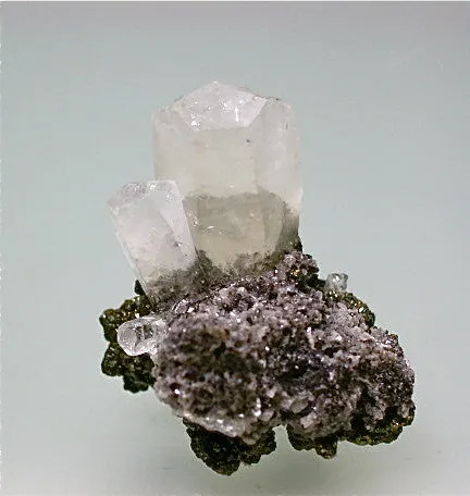 Calcite on Chalcopyrite, Sweetwater Mine, Reynolds County, Missouri, Mined c. 2000, Kalaskie Collection #1304, Miniature 2.8 x 3.5 x 4.0 cm, $35.  Online 11/2