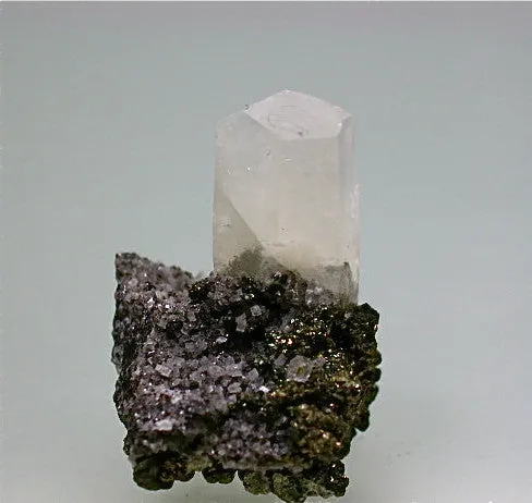 Calcite on Chalcopyrite, Sweetwater Mine, Reynolds County, Missouri, Mined c. 2000, Kalaskie Collection #1304, Miniature 2.8 x 3.5 x 4.0 cm, $35.  Online 11/2