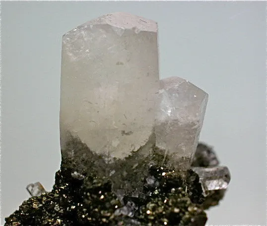 Calcite on Chalcopyrite, Sweetwater Mine, Reynolds County, Missouri, Mined c. 2000, Kalaskie Collection #1304, Miniature 2.8 x 3.5 x 4.0 cm, $35.  Online 11/2