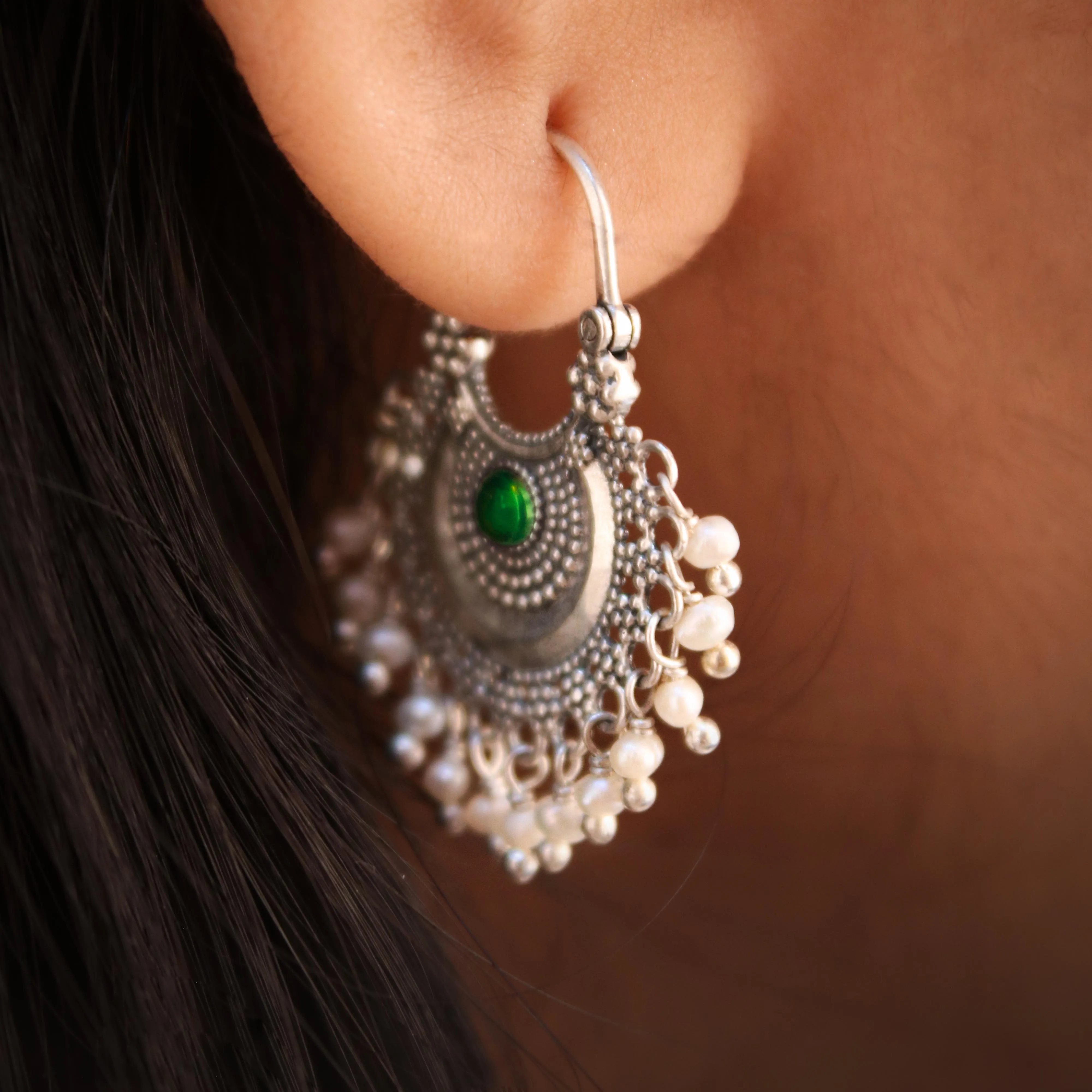 Chandbali Silver Bugadi/ Earrings (Pair, Blue & Green) By Moha