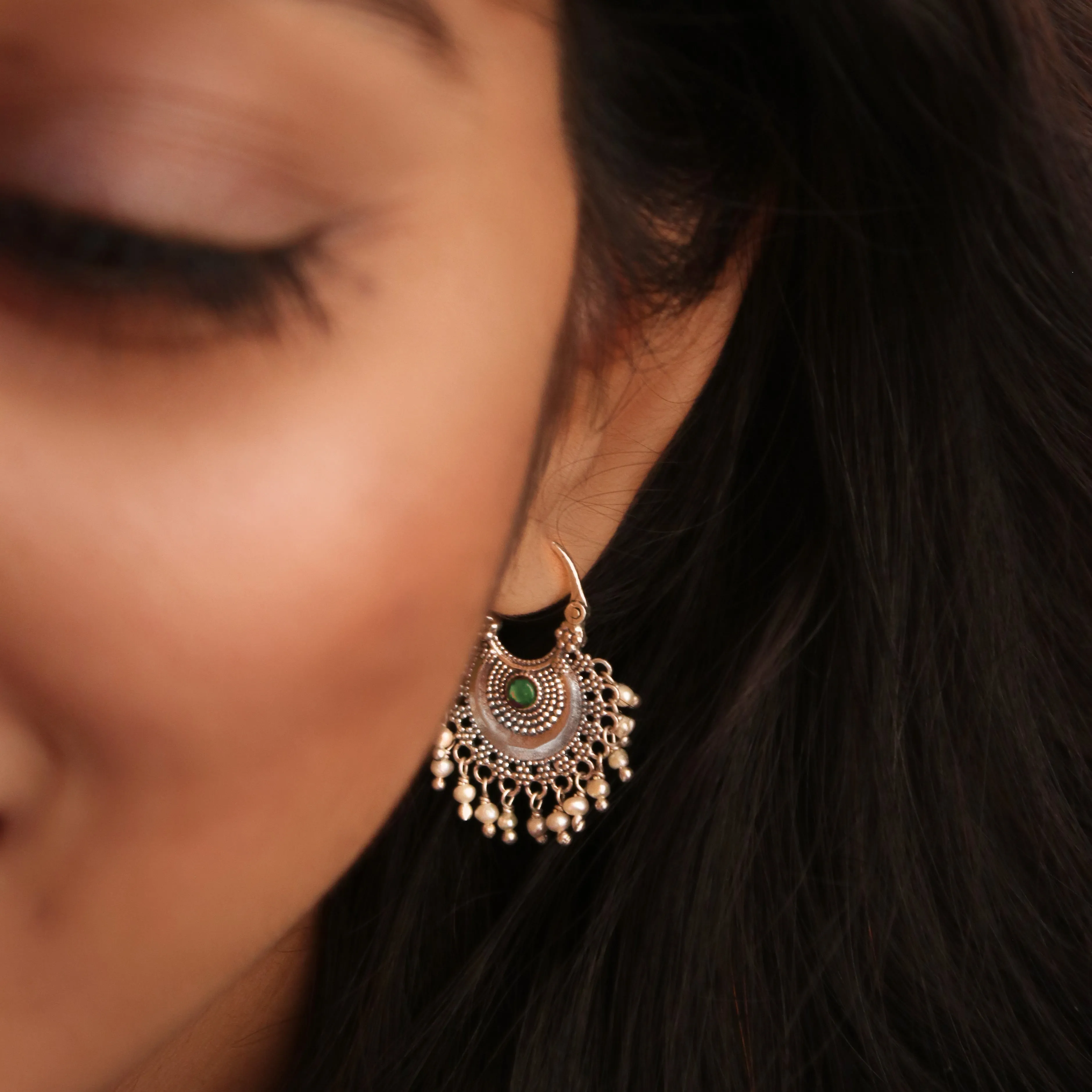 Chandbali Silver Bugadi/ Earrings (Pair, Blue & Green) By Moha