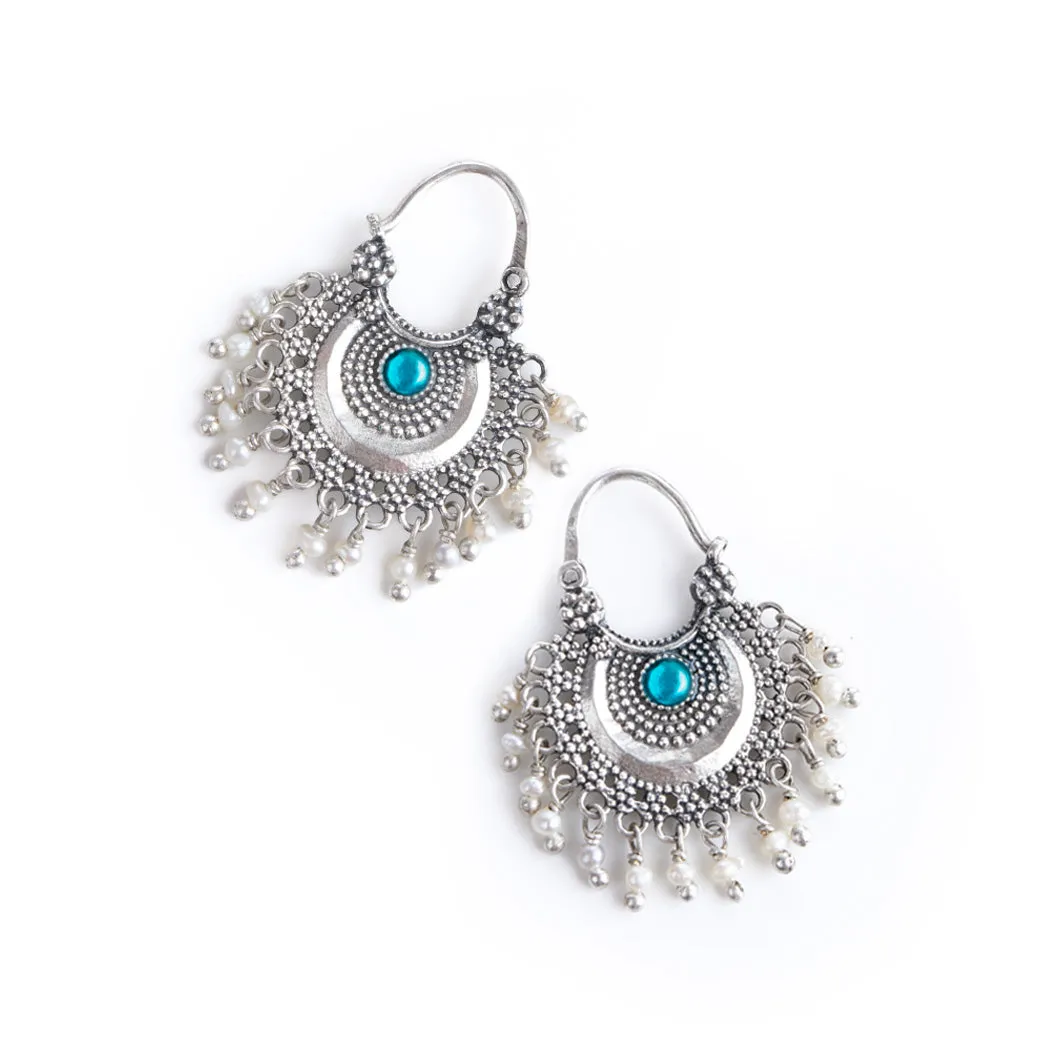 Chandbali Silver Bugadi/ Earrings (Pair, Blue & Green) By Moha