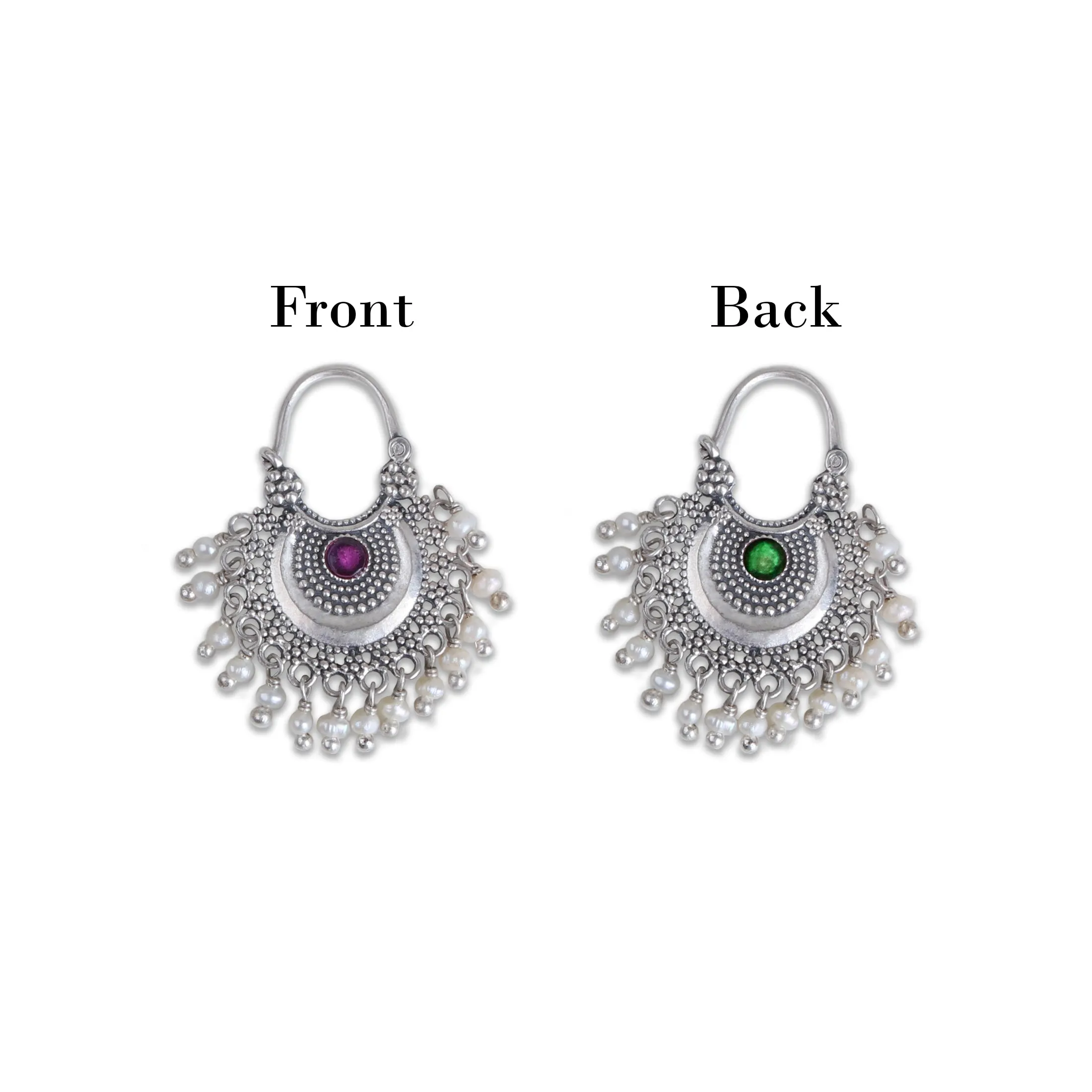 Chandbali (Small) Silver Bugadi/Earrings Pierced, (Pair, Pink & Green ) By Moha