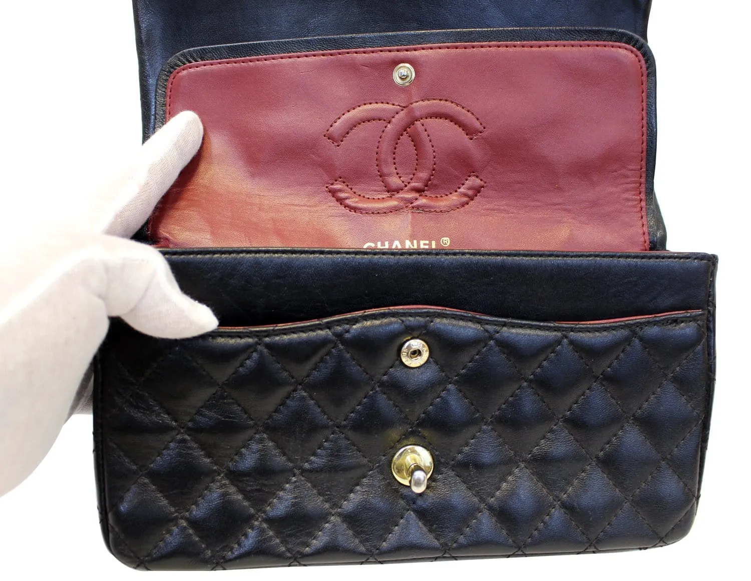 CHANEL Quilted Lambskin Leather Double Flap Classic Medium Black Bag