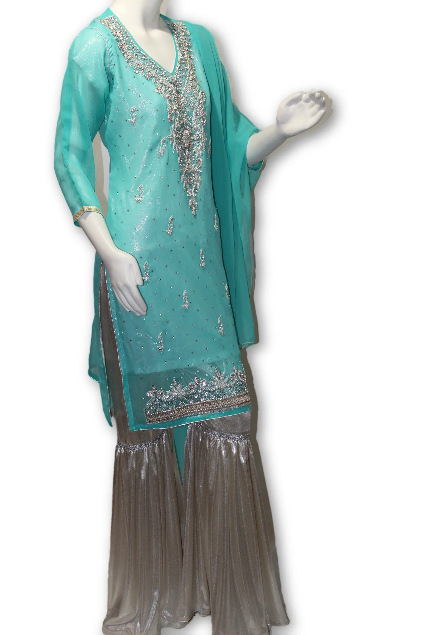 Chiffon Fancy Party Wear Gharara Pants 3 Pcs Pakistani Indian Dress
