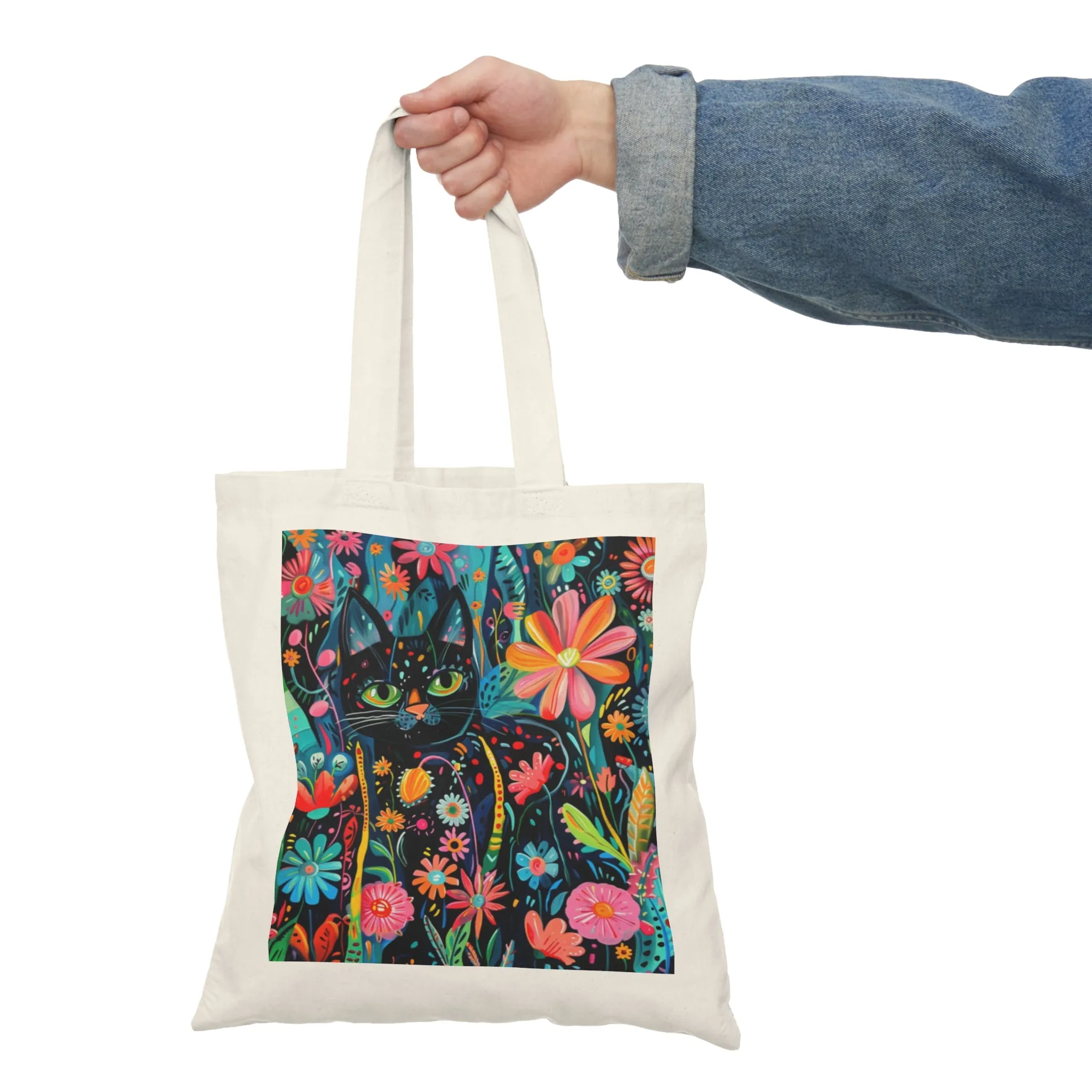Colorful Floral Cat Tote Bag - Eco-Friendly Natural Canvas Bag for Cat Lovers