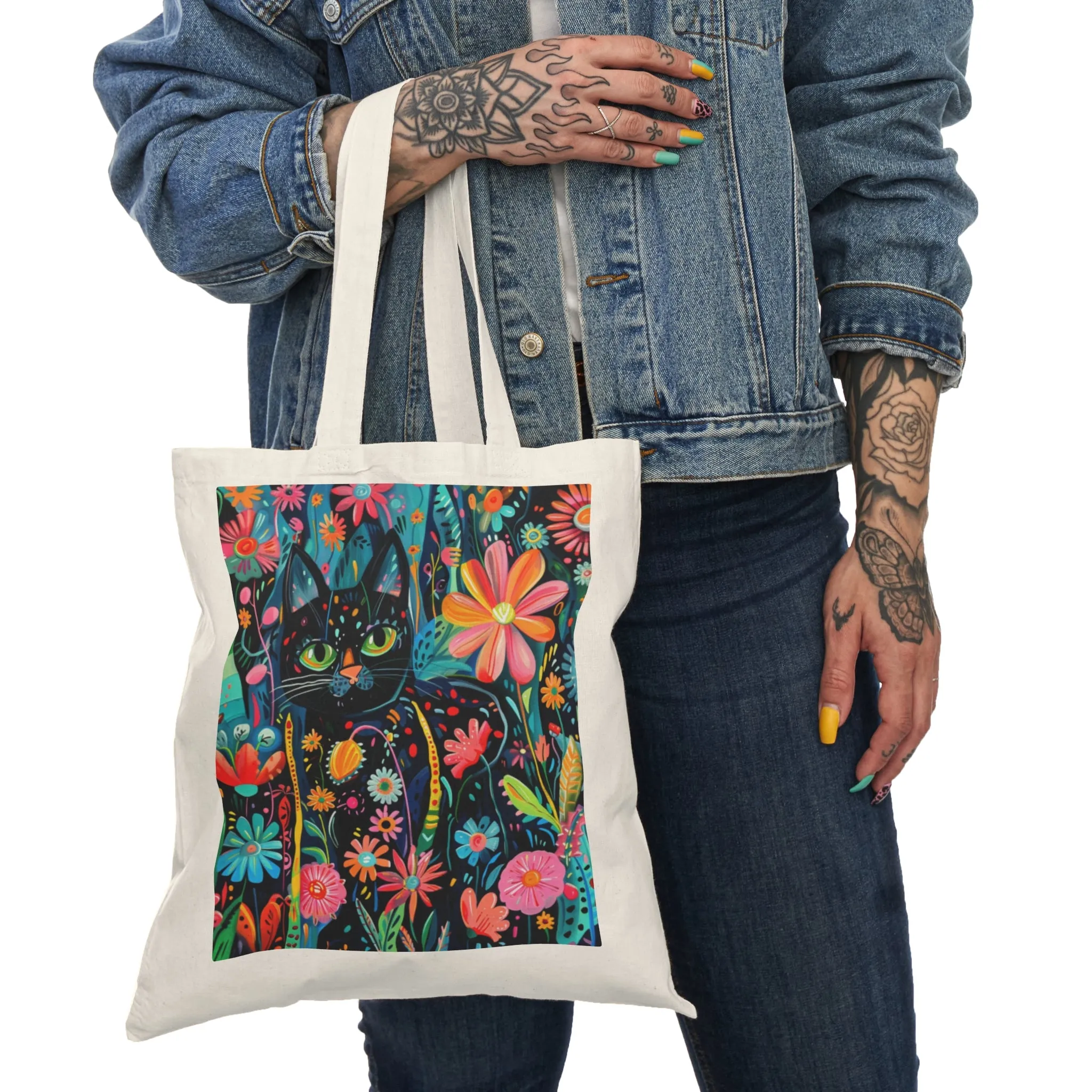 Colorful Floral Cat Tote Bag - Eco-Friendly Natural Canvas Bag for Cat Lovers