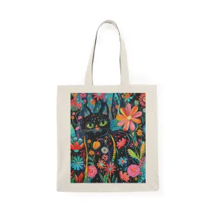 Colorful Floral Cat Tote Bag - Eco-Friendly Natural Canvas Bag for Cat Lovers