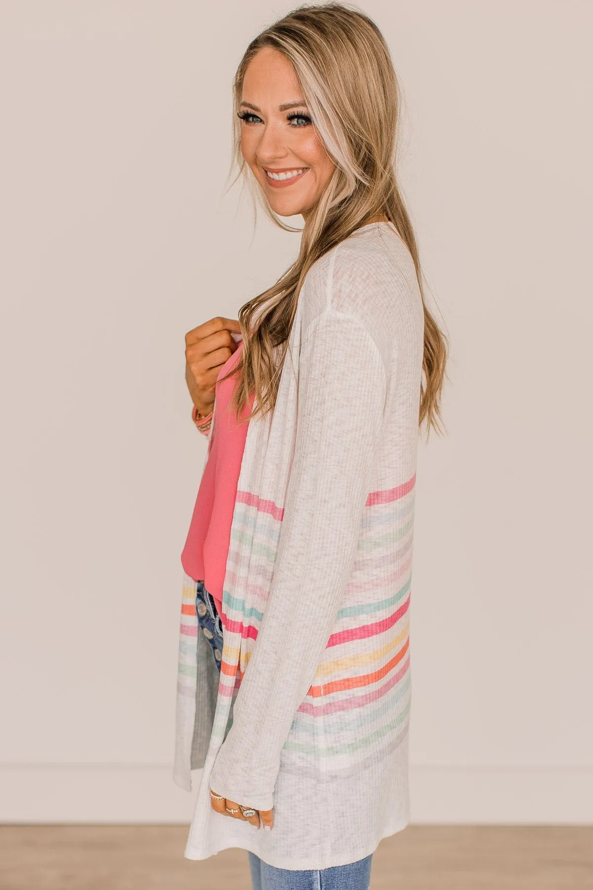 Colorful Moments Striped Knit Cardigan- Ivory