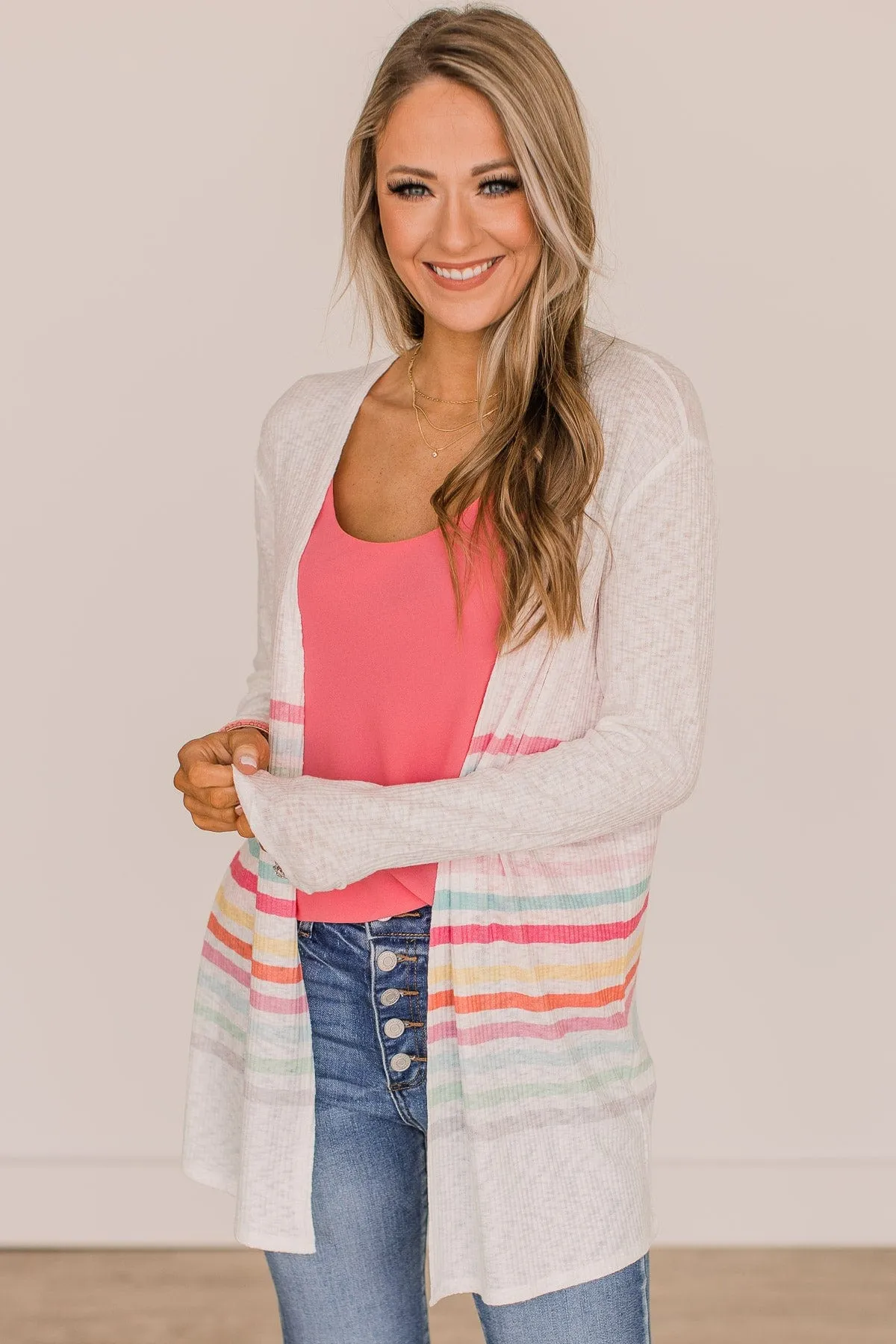 Colorful Moments Striped Knit Cardigan- Ivory