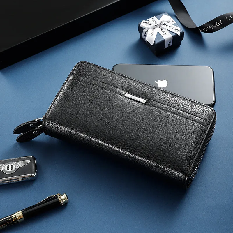 Double zipper PU Leather Men's long Wallet