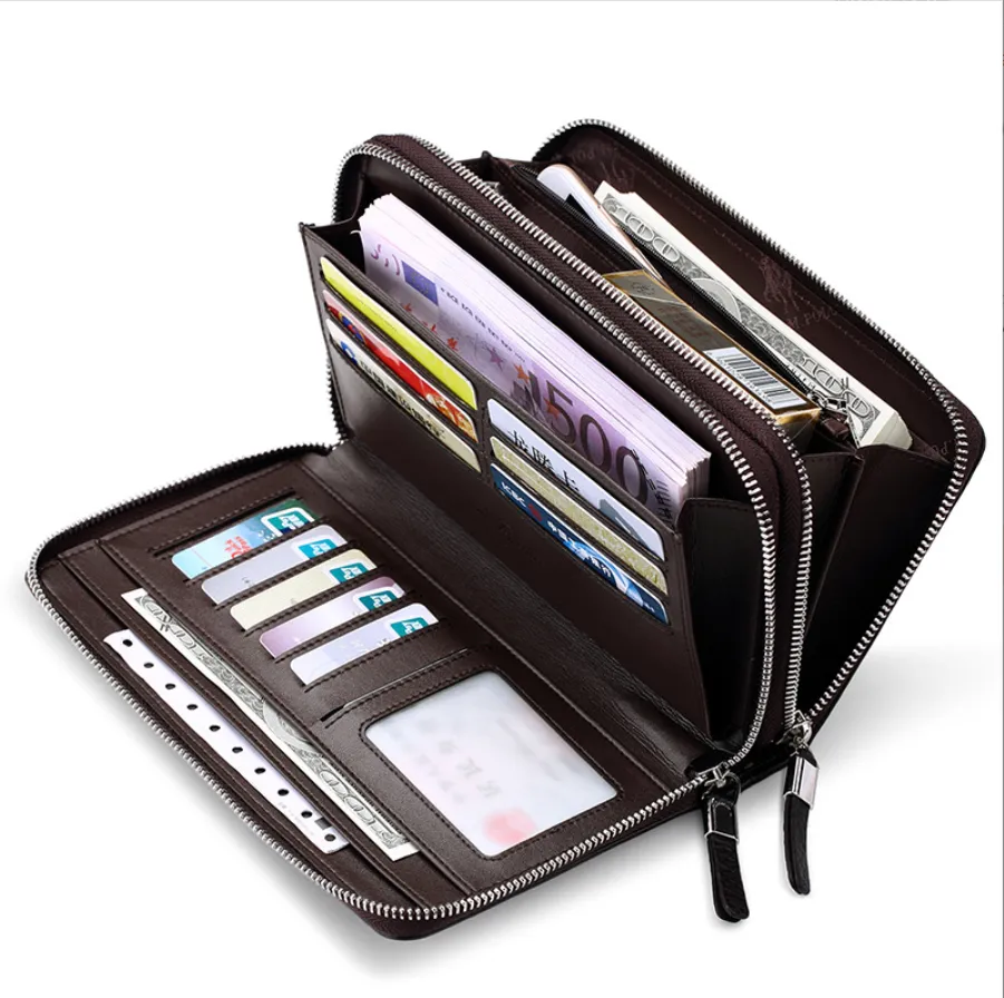Double zipper PU Leather Men's long Wallet