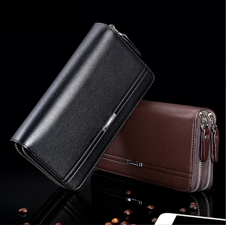 Double zipper PU Leather Men's long Wallet