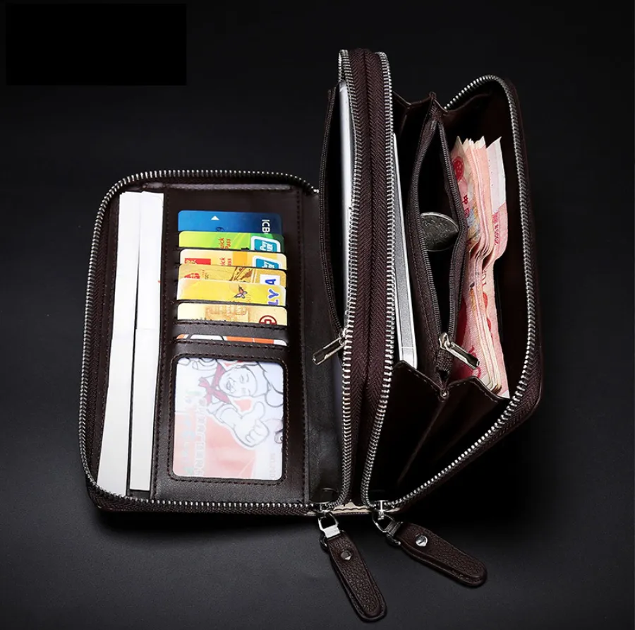 Double zipper PU Leather Men's long Wallet
