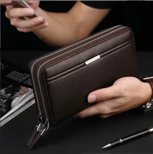 Double zipper PU Leather Men's long Wallet