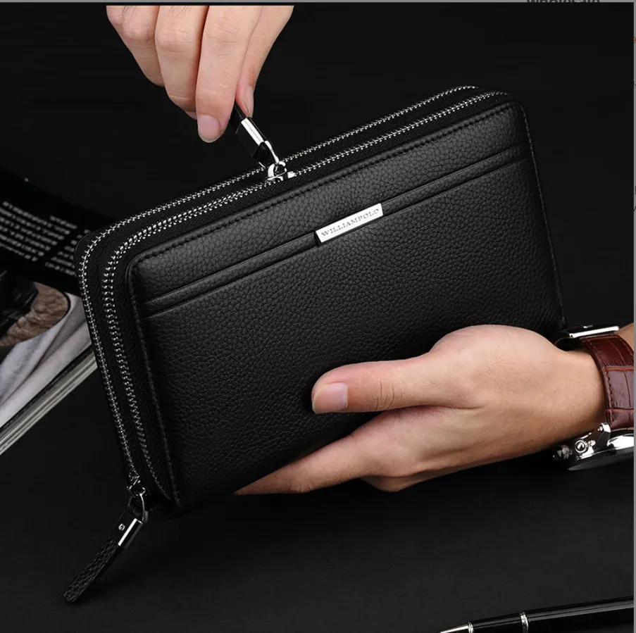 Double zipper PU Leather Men's long Wallet
