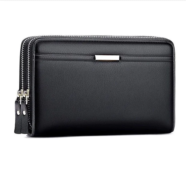 Double zipper PU Leather Men's long Wallet