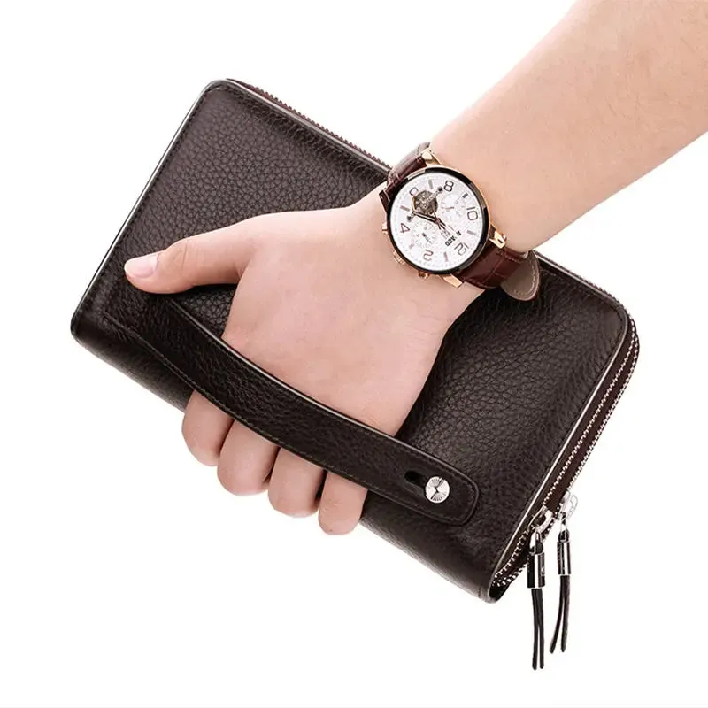 Double zipper PU Leather Men's long Wallet