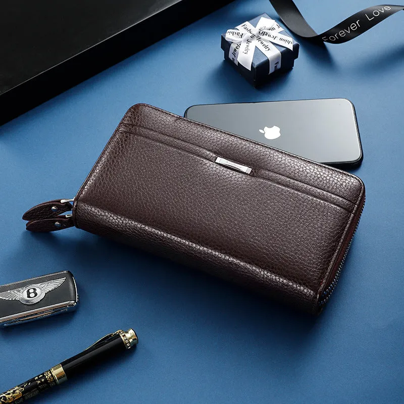Double zipper PU Leather Men's long Wallet