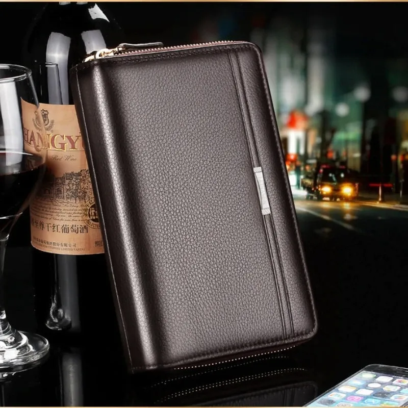 Double zipper PU Leather Men's long Wallet