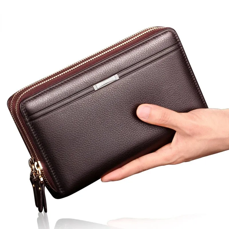 Double zipper PU Leather Men's long Wallet