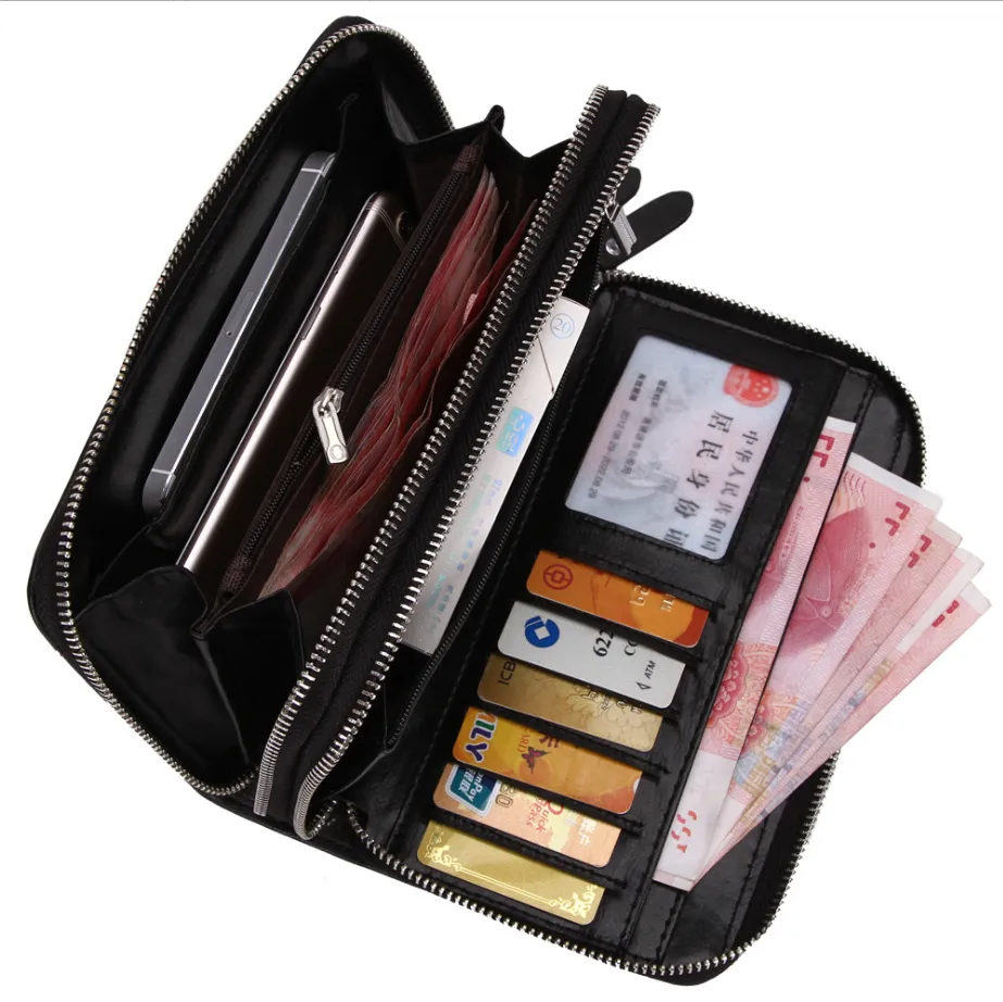 Double zipper PU Leather Men's long Wallet