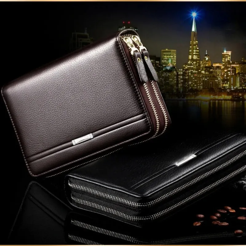 Double zipper PU Leather Men's long Wallet