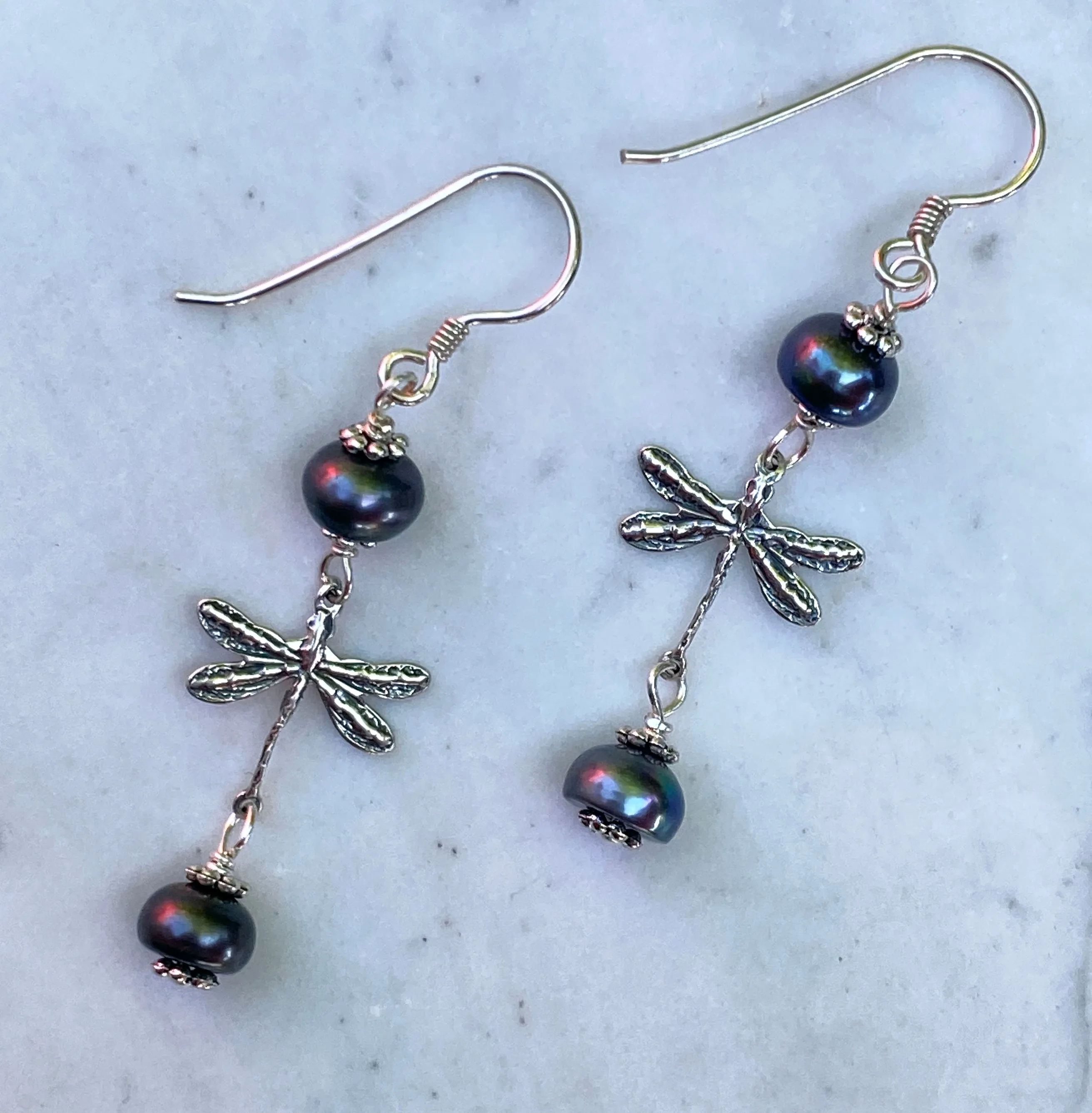 Dragonfly and Pearl Dangle earrings