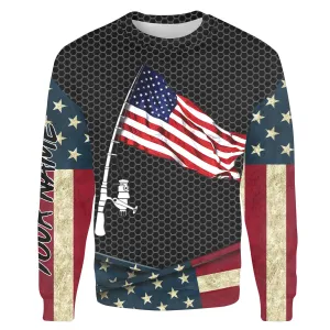 Fishing shirt American flag fishing rod Custom Name All Over Printing Crew Neck Sweatshirt Personalized fishing gifts ideas - SDF23