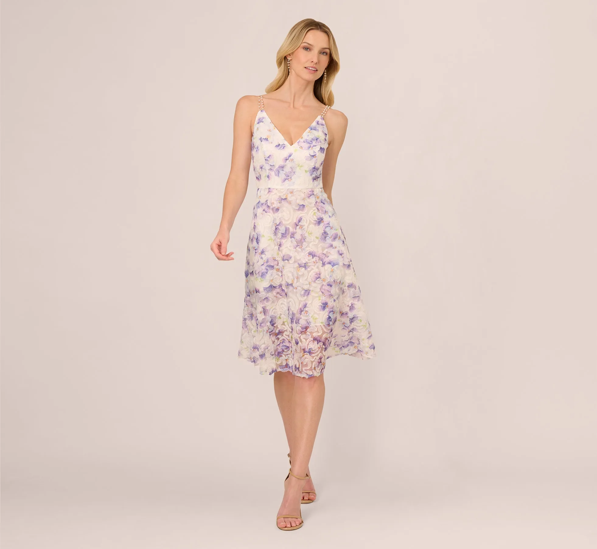 Floral Tulle Soutache A Line Midi Dress With Embellished Straps In Ivory Multi