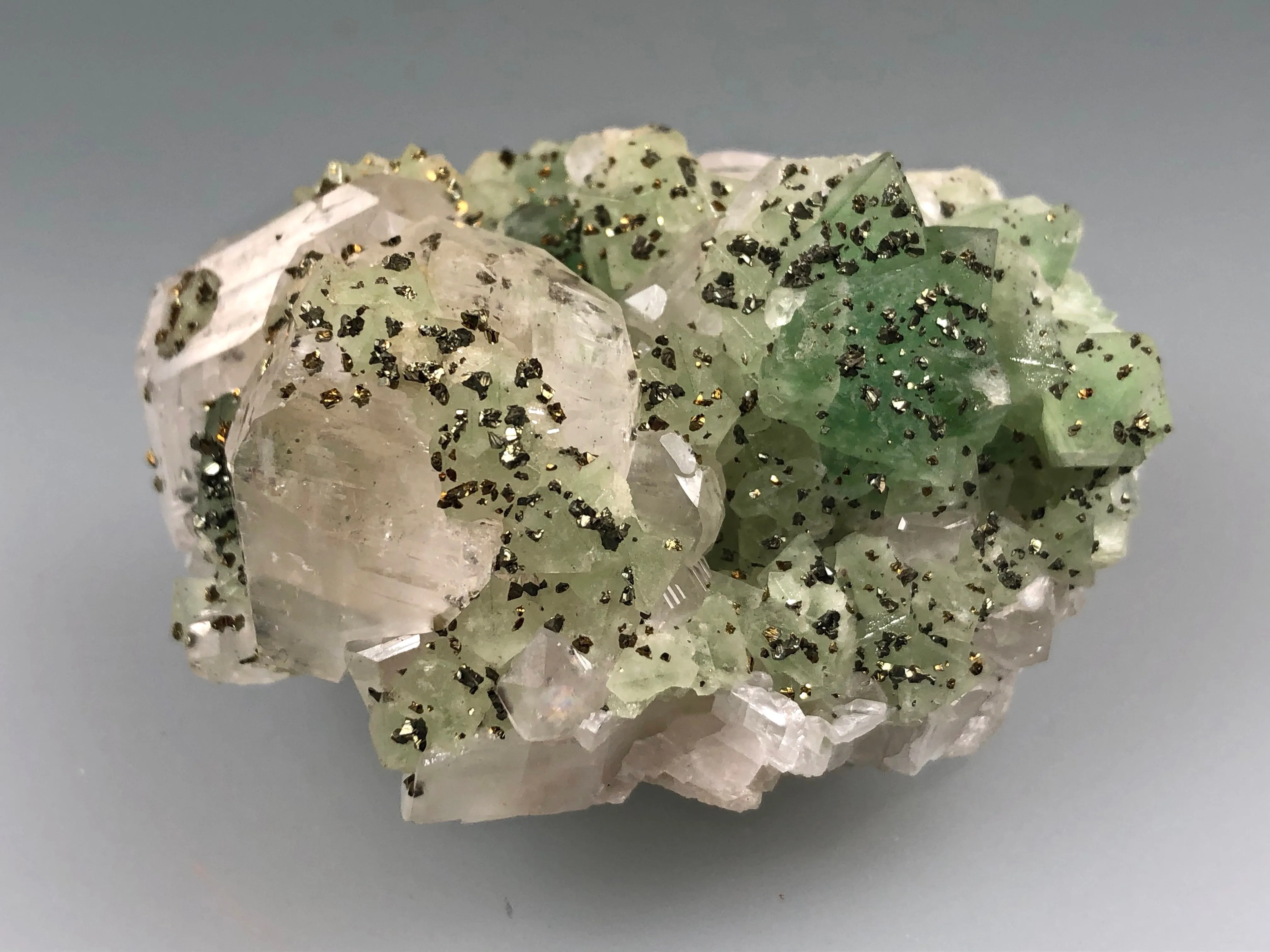 Fluorite and Calcite with Pyrite, Tribag Mine, Nicolet Township, Batchawana Bay, Ontario, Canada, ex. Louis Lafayette Collection #1060, Miniature 3.0 x 4.5 x 6.0 cm, $125. Online Jan. 13