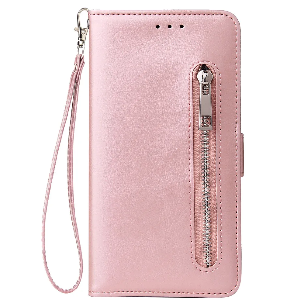 For Huawei Enjoy 9-Y7 2019-Y7 PRIME 2019 with fingerprint hole - Y7 PRO 2019 Solid Color PU Leather Zipper Wallet Double Buckle Protective Case with Stand & Lanyard black