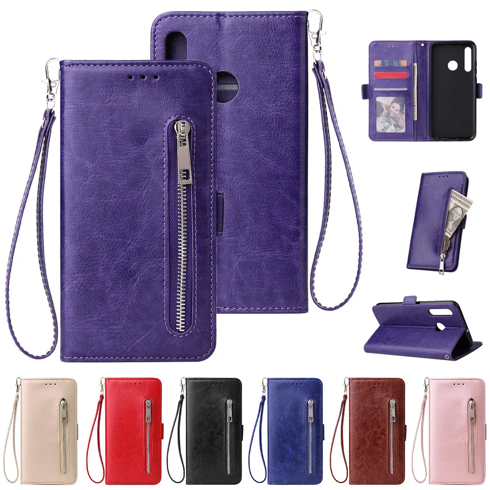 For Huawei Enjoy 9-Y7 2019-Y7 PRIME 2019 with fingerprint hole - Y7 PRO 2019 Solid Color PU Leather Zipper Wallet Double Buckle Protective Case with Stand & Lanyard black