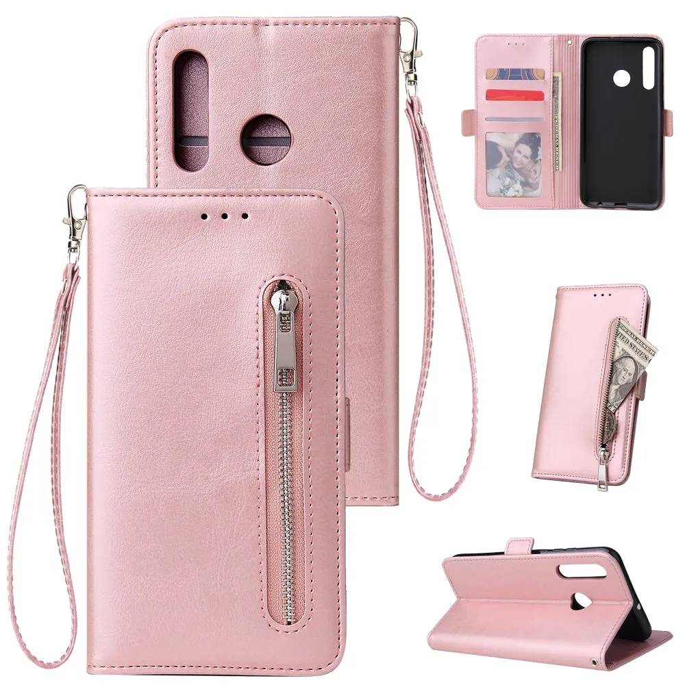 For Huawei Enjoy 9-Y7 2019-Y7 PRIME 2019 with fingerprint hole - Y7 PRO 2019 Solid Color PU Leather Zipper Wallet Double Buckle Protective Case with Stand & Lanyard blue