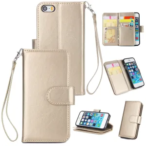 For iPhone 5/5S/SE PU Cell Phone Case Protective Leather Cover with Buckle & 9 Card Position & Lanyard & Bracket gold