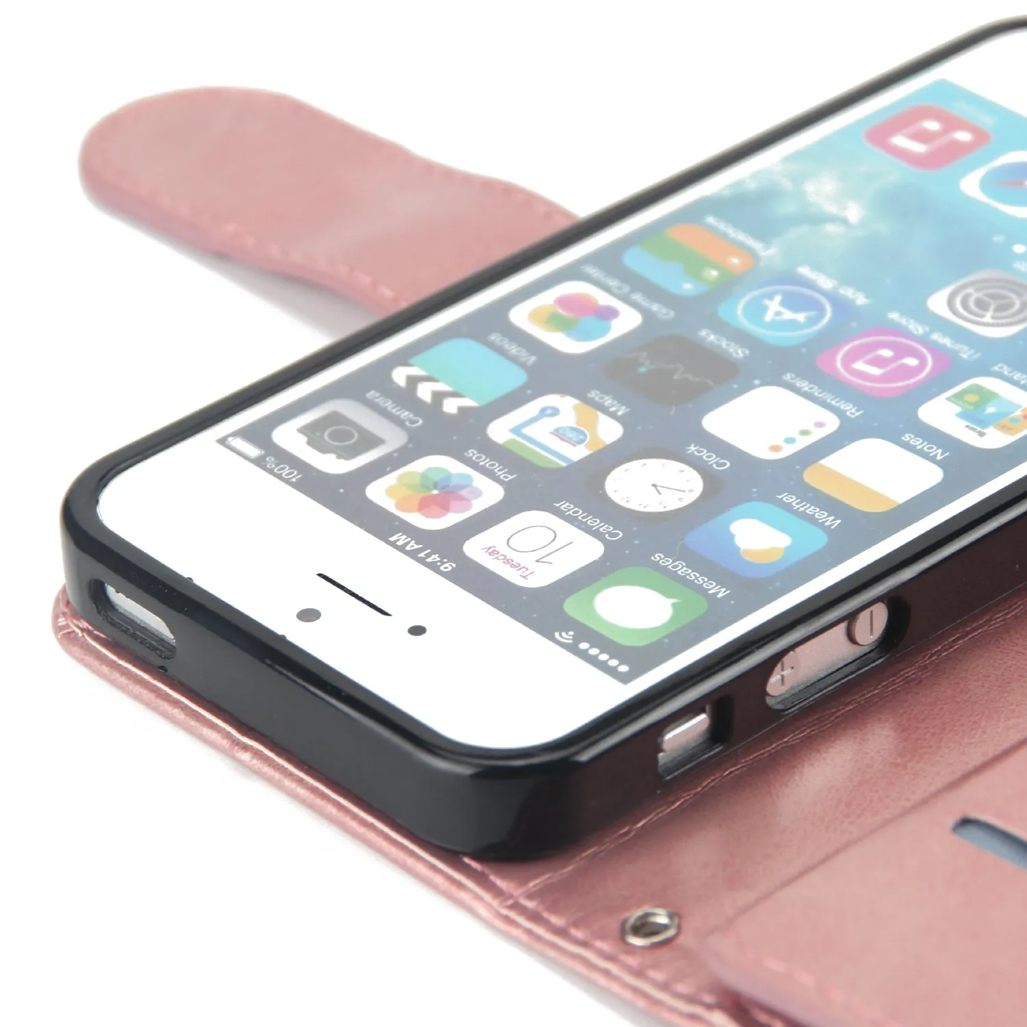 For iPhone 5/5S/SE PU Cell Phone Case Protective Leather Cover with Buckle & 9 Card Position & Lanyard & Bracket gold