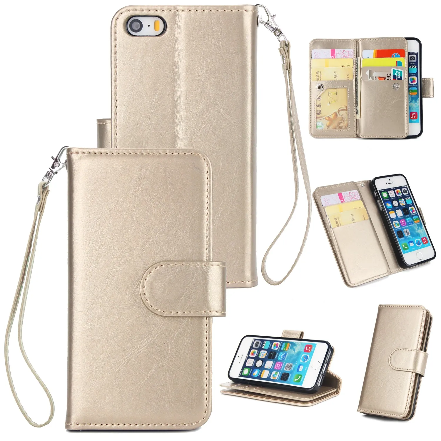 For iPhone 5/5S/SE PU Cell Phone Case Protective Leather Cover with Buckle & 9 Card Position & Lanyard & Bracket gold