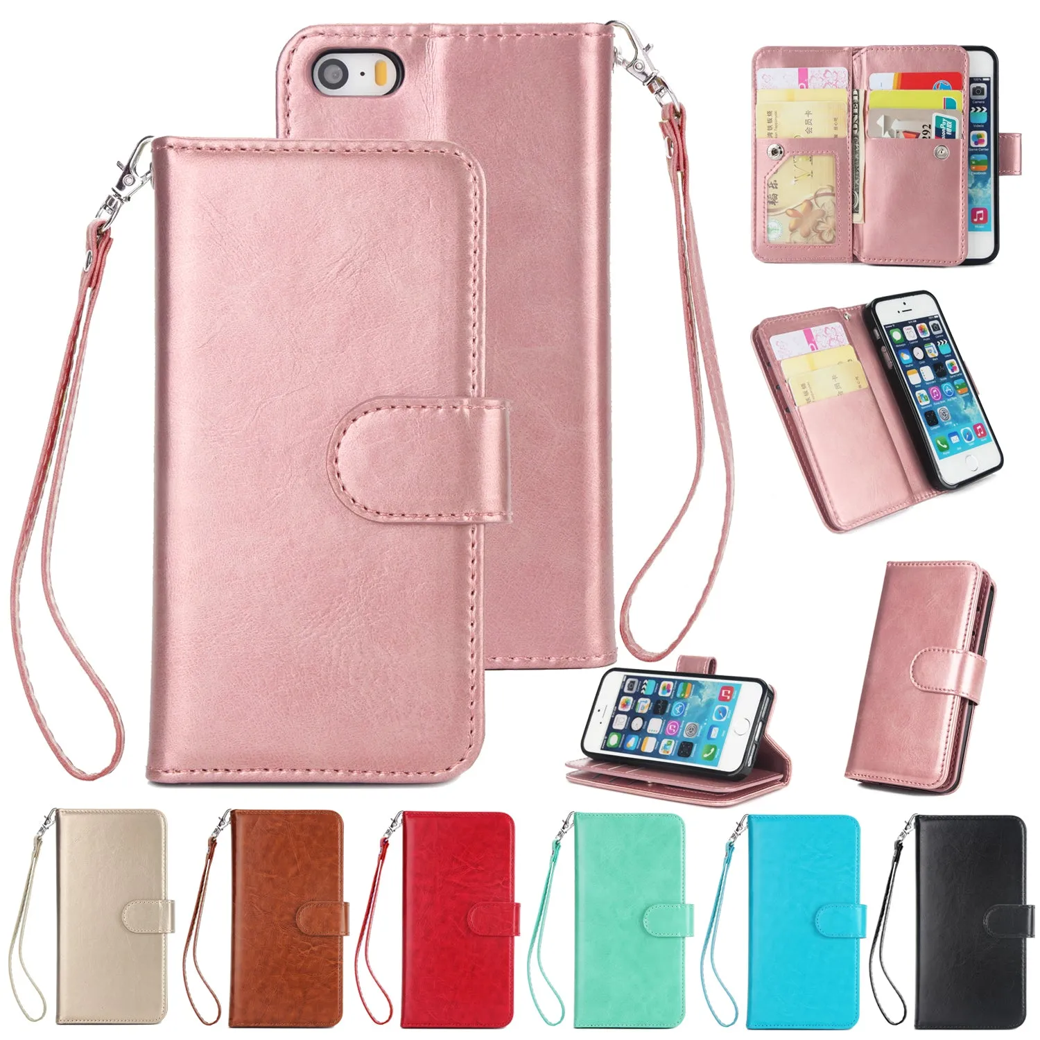For iPhone 5/5S/SE PU Cell Phone Case Protective Leather Cover with Buckle & 9 Card Position & Lanyard & Bracket gold