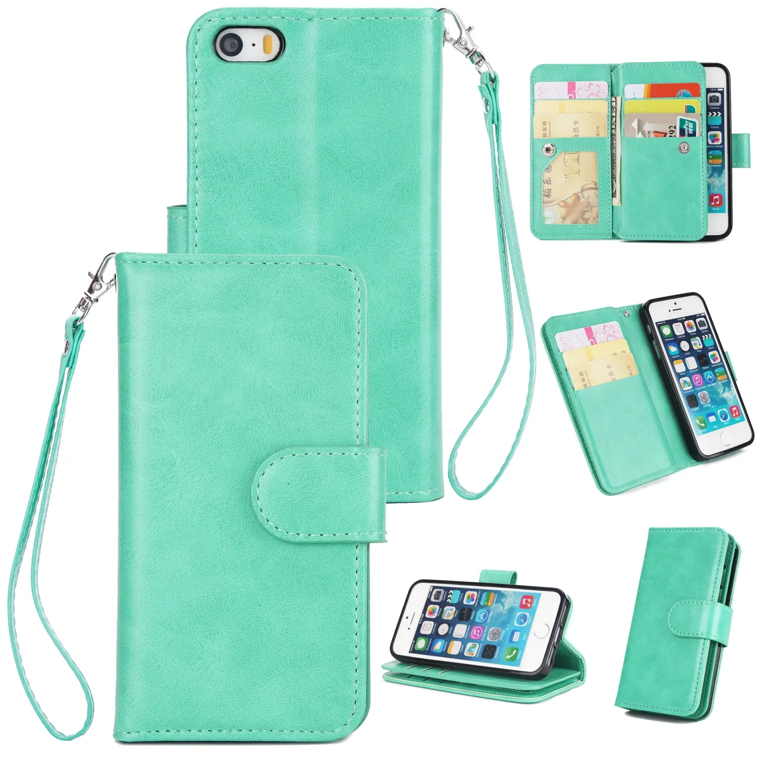 For iPhone 5/5S/SE PU Cell Phone Case Protective Leather Cover with Buckle & 9 Card Position & Lanyard & Bracket gold