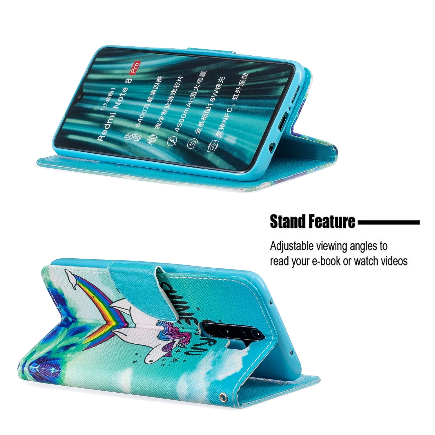 For Redmi Note 8/8 Pro Cellphone Cover Stand Function Wallet Design PU Leather Smartphone Shell Elegant Pattern Printed  Rainbow horse