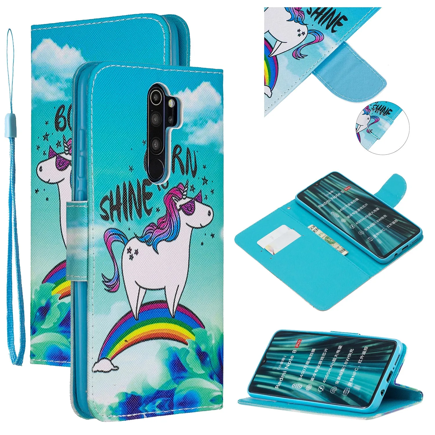For Redmi Note 8/8 Pro Cellphone Cover Stand Function Wallet Design PU Leather Smartphone Shell Elegant Pattern Printed  Rainbow horse