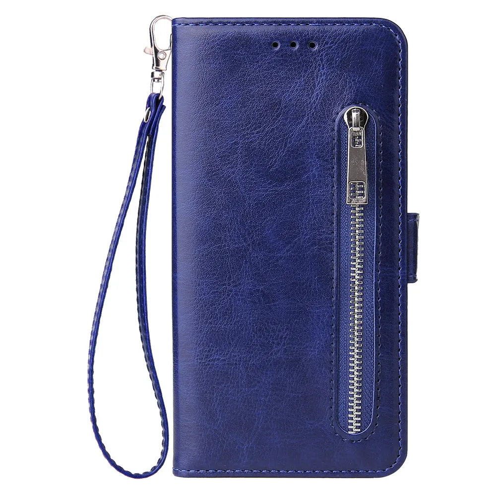 For Samsung A10 Solid Color PU Leather Zipper Wallet Double Buckle Protective Case with Stand & Lanyard brown